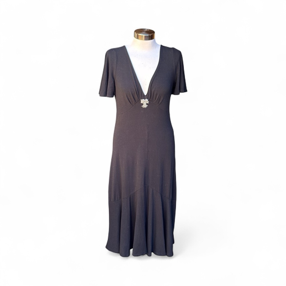 VINTAGE Y2K FREE PEOPLE DEEP V FLUTTER SLEEVE BLACK MIDI DRESS BOHO FAIRYCORE - Picture 3 of 14